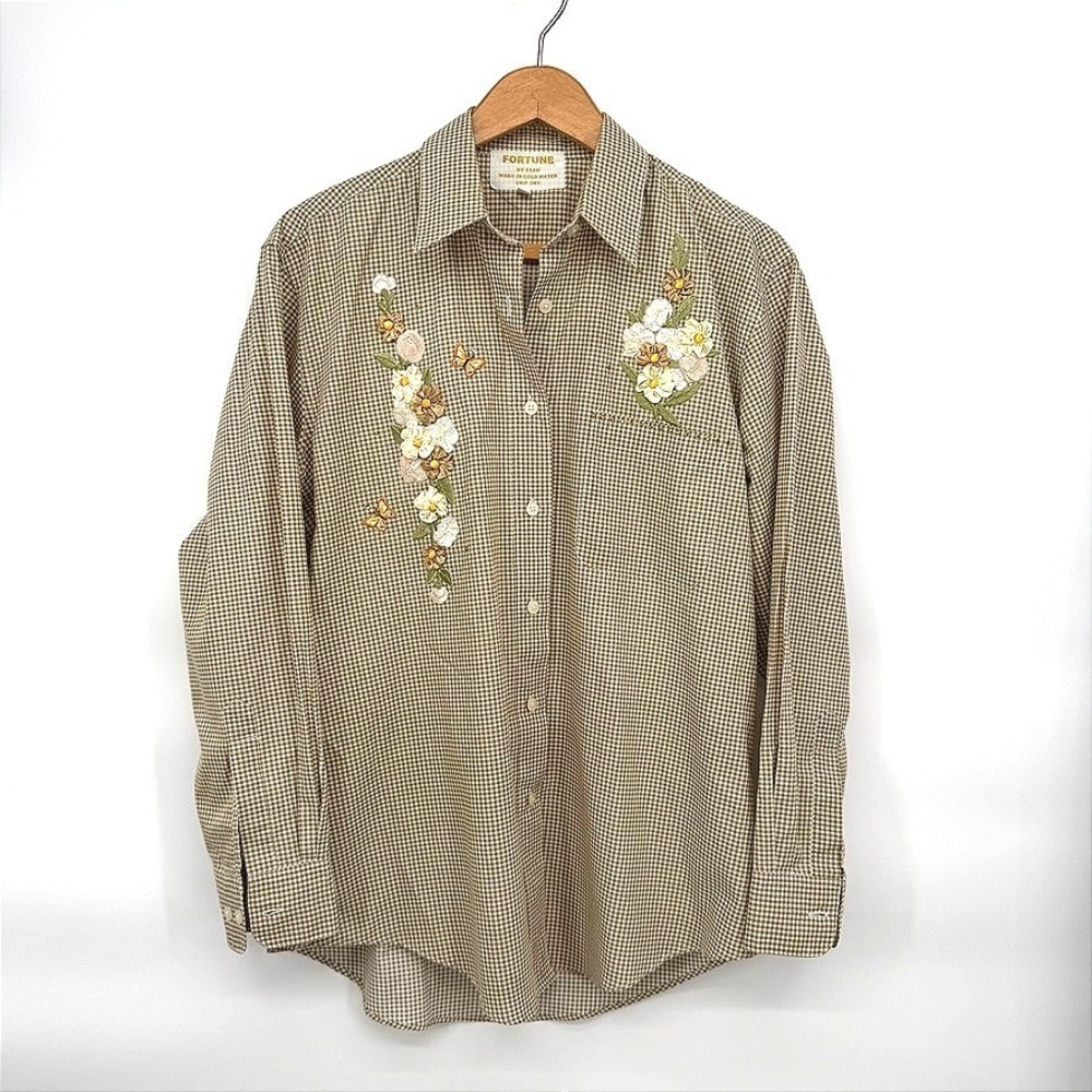 Fortune By Stan Gingham Button Up Shirt Floral Embroidery Rhinestone Cottage SM